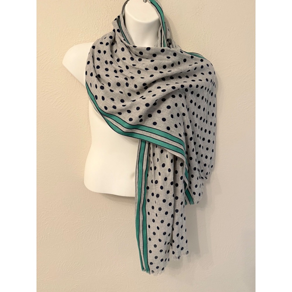 Talbots rectangle scarf gray blue green polka dot and stripe cotton blend